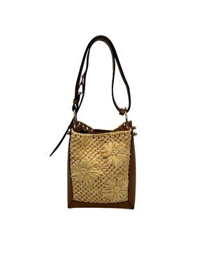 Strathberry Brown Raffia Floral Paper Midi Bucket